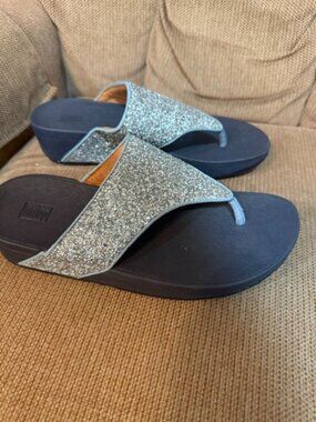 FitFlop Glitter Toe Post Sandals Navy Silver Size 9